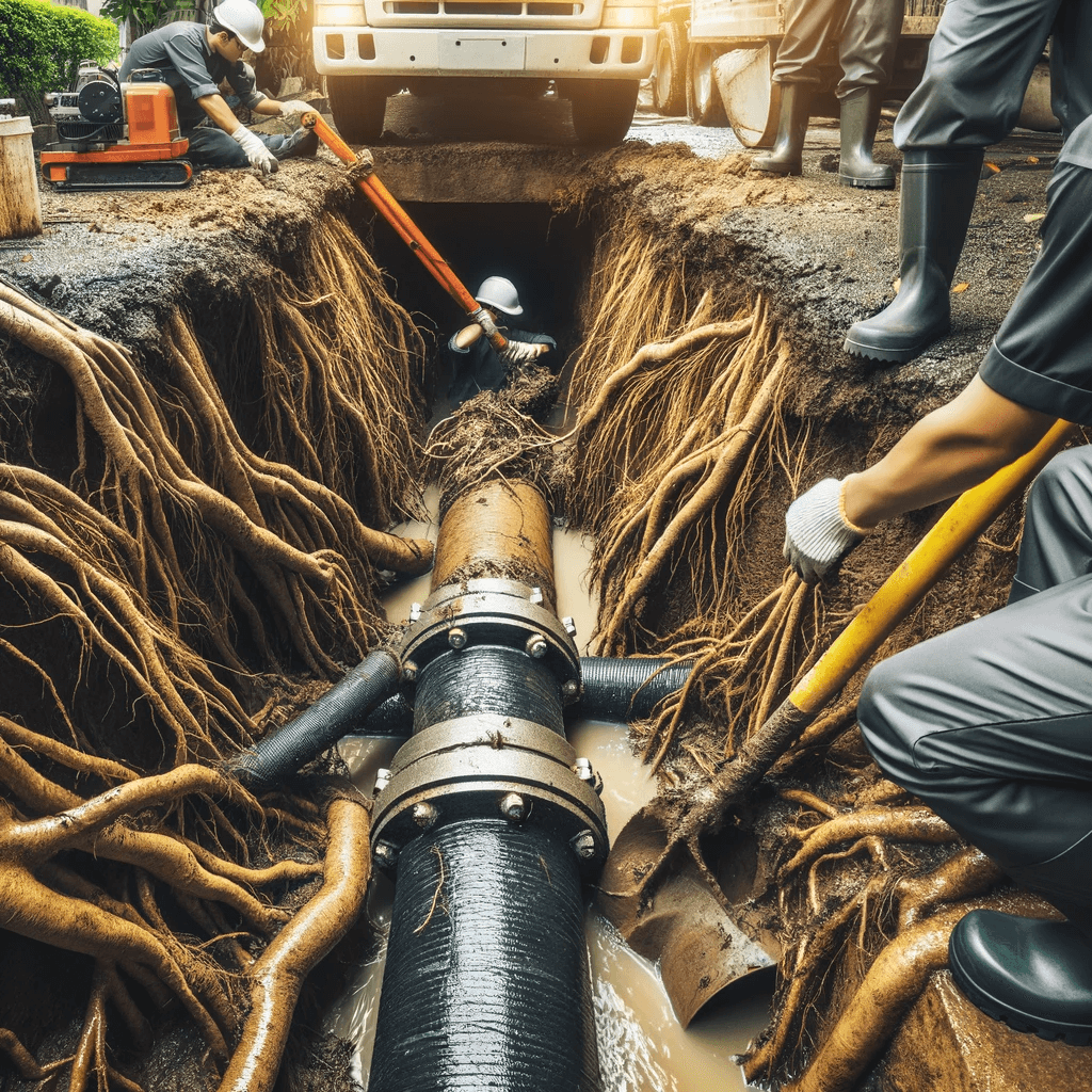 צוות מקצועי בעבודה לחפירה ותיקון צינורות ביוב שנסתמו על ידי שורשים